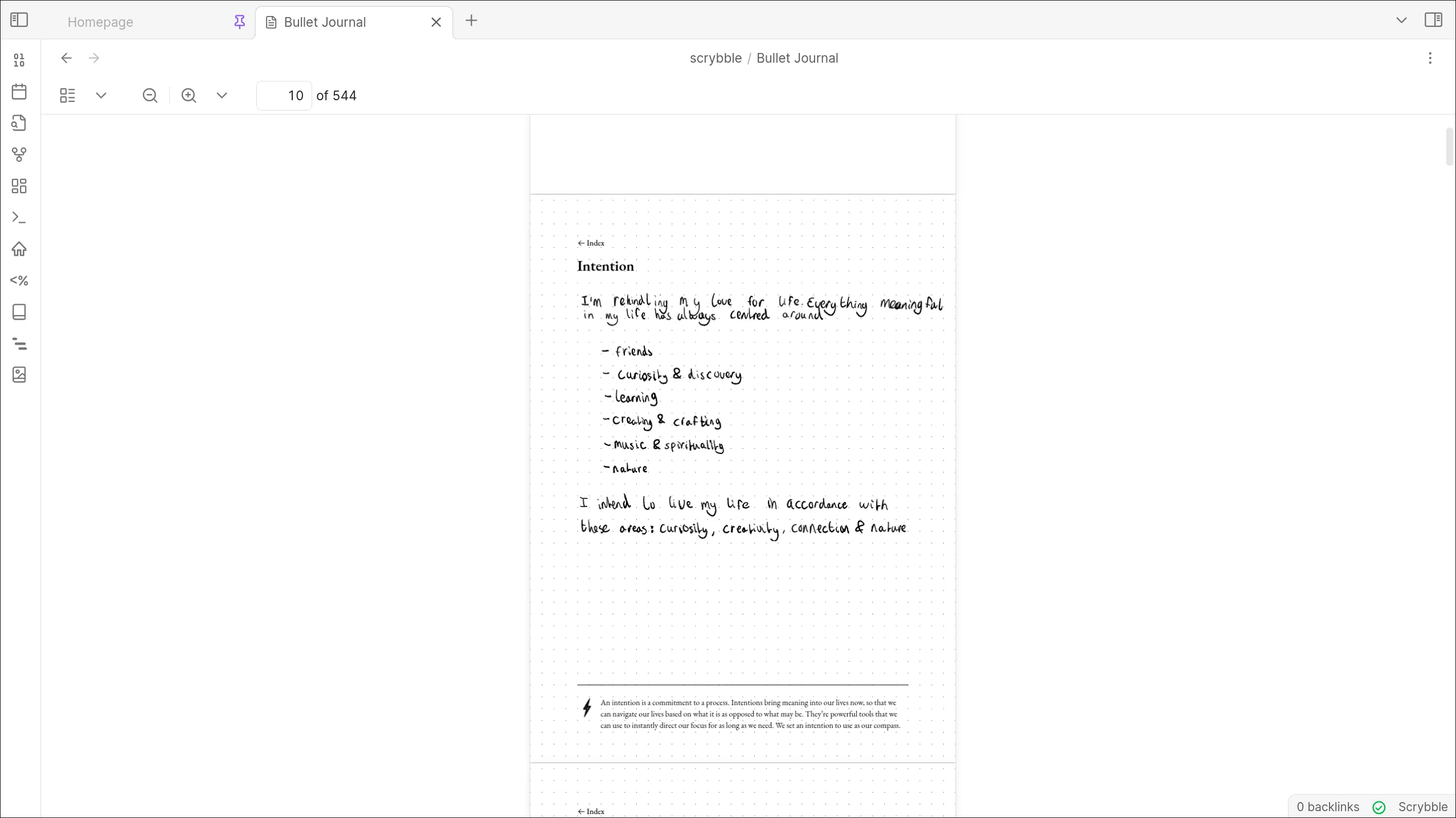An image showing a handwritten bullet journal page within the Obsidian UI, synced by Scrybble