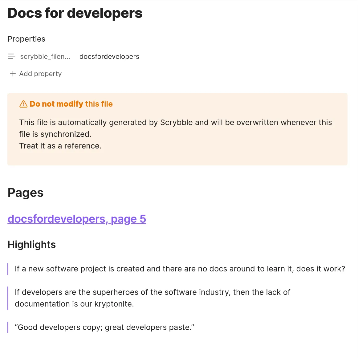 An image showing a Markdown file generated by Scrybble for the book 'docs for developers', including pages and a few highlights
