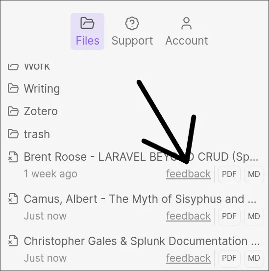 An arrow pointing at the 'feedback button' within the Scrybble Obsidian plugin interface